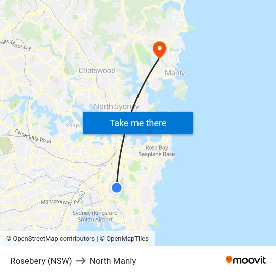 Rosebery (NSW) to North Manly map