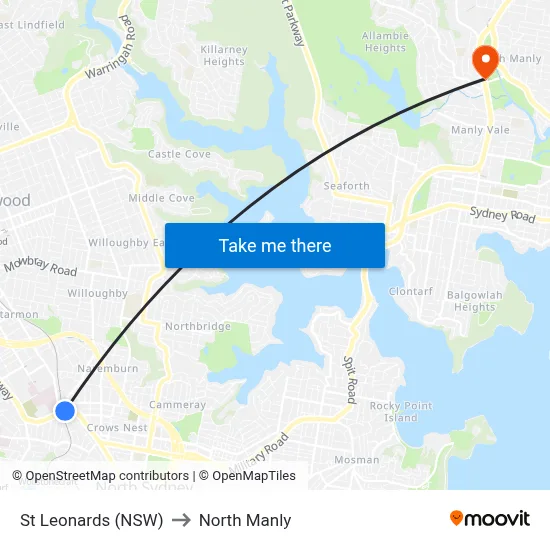 St Leonards (NSW) to North Manly map