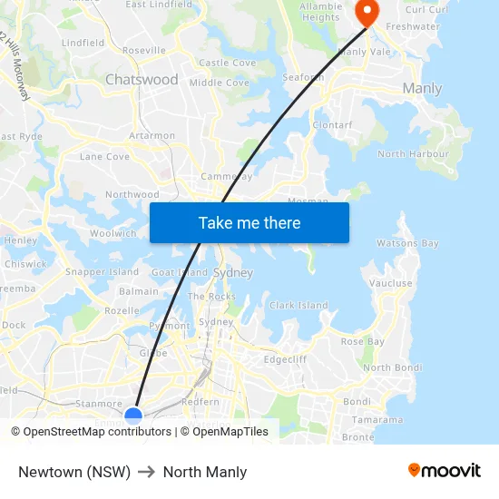 Newtown (NSW) to North Manly map