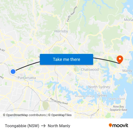 Toongabbie (NSW) to North Manly map