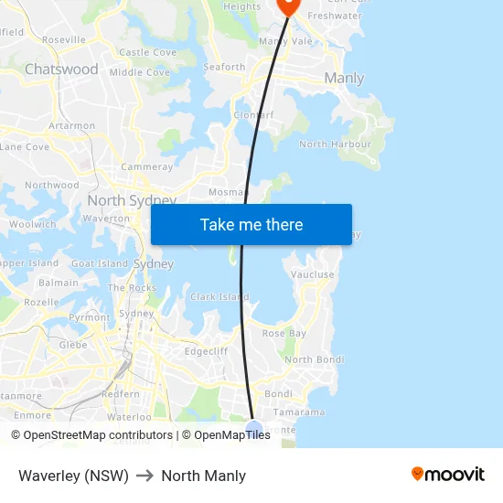 Waverley (NSW) to North Manly map