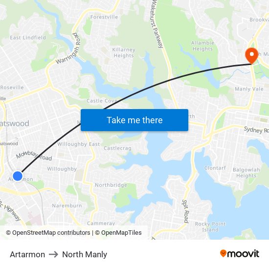 Artarmon to North Manly map
