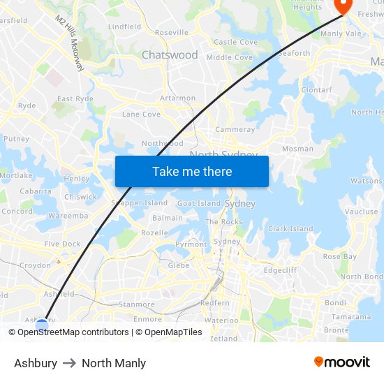 Ashbury to North Manly map