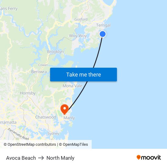 Avoca Beach to North Manly map