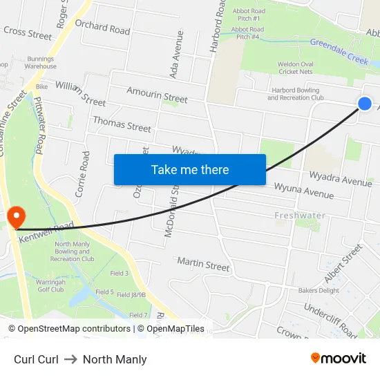 Curl Curl to North Manly map