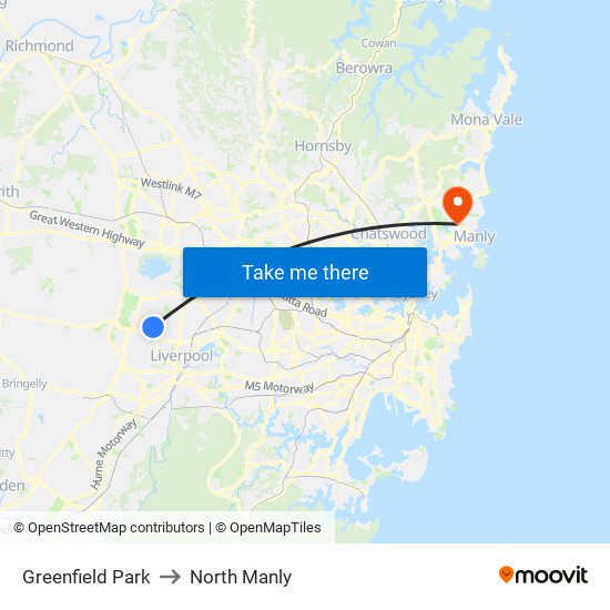 Greenfield Park to North Manly map