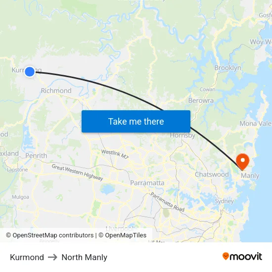 Kurmond to North Manly map