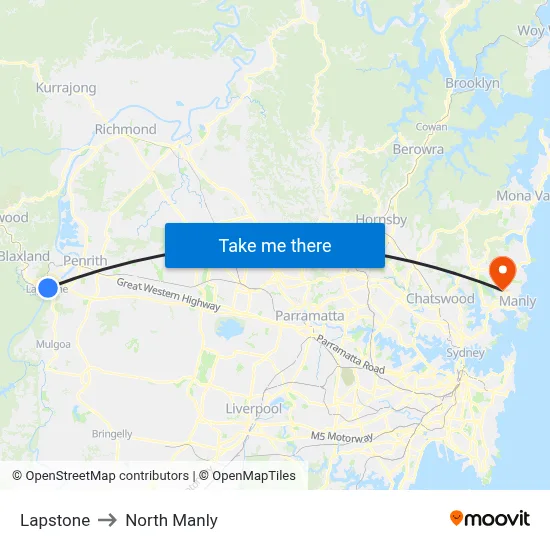 Lapstone to North Manly map