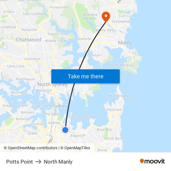 Potts Point to North Manly map