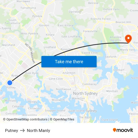 Putney to North Manly map