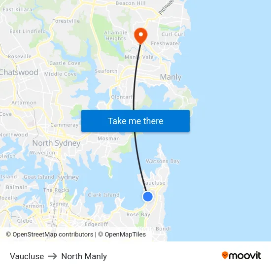 Vaucluse to North Manly map