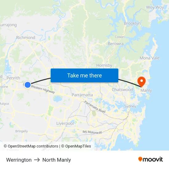 Werrington to North Manly map