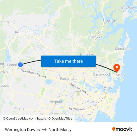 Werrington Downs to North Manly map