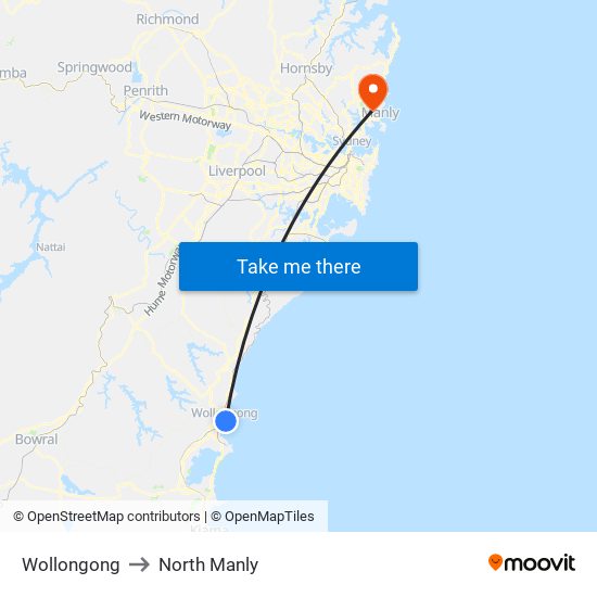 Wollongong to North Manly map