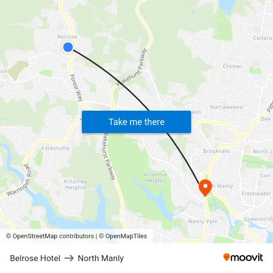 Belrose Hotel to North Manly map