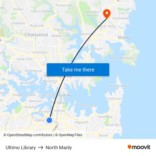 Ultimo Library to North Manly map