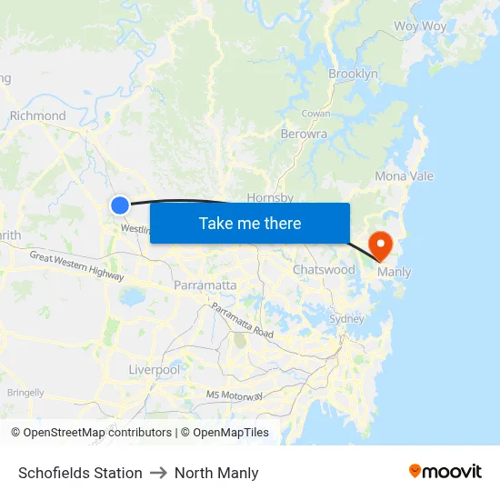 Schofields Station to North Manly map