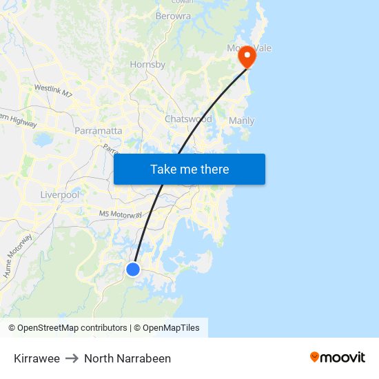 Kirrawee to North Narrabeen map