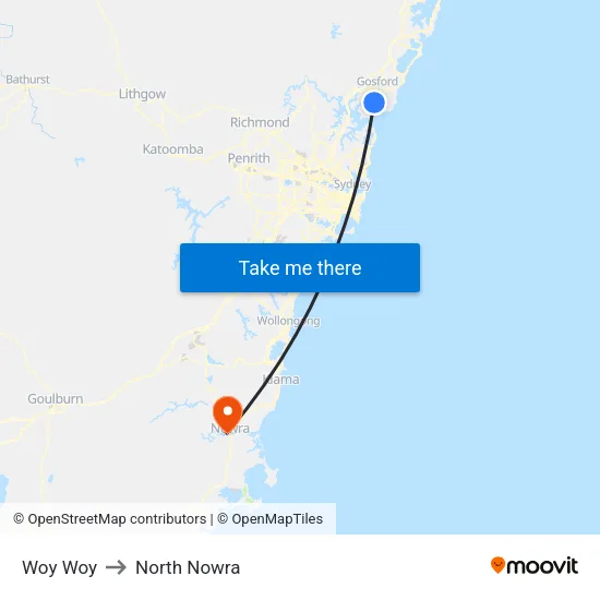 Woy Woy to North Nowra map