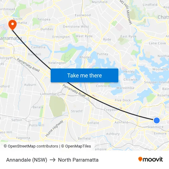 Annandale (NSW) to North Parramatta map