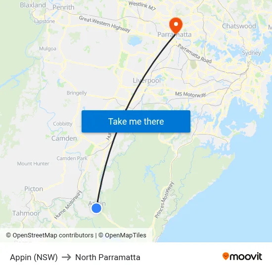 Appin (NSW) to North Parramatta map