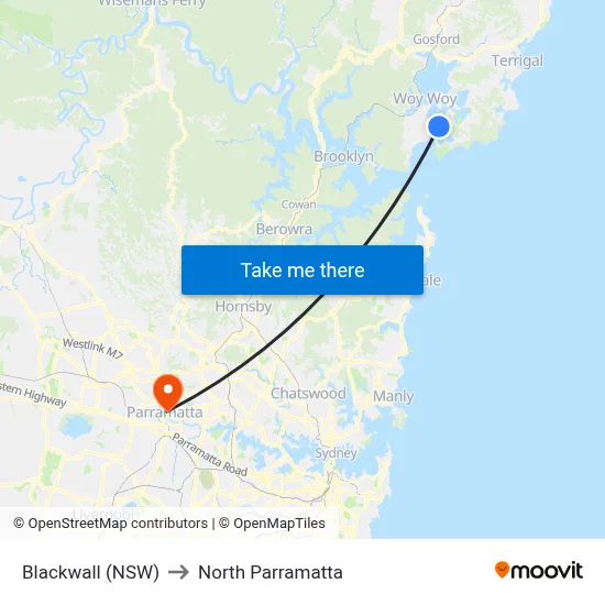 Blackwall (NSW) to North Parramatta map