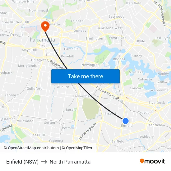 Enfield (NSW) to North Parramatta map