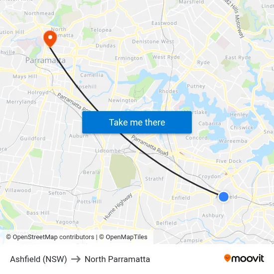 Ashfield (NSW) to North Parramatta map