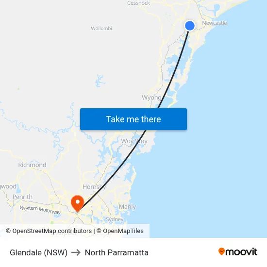 Glendale (NSW) to North Parramatta map