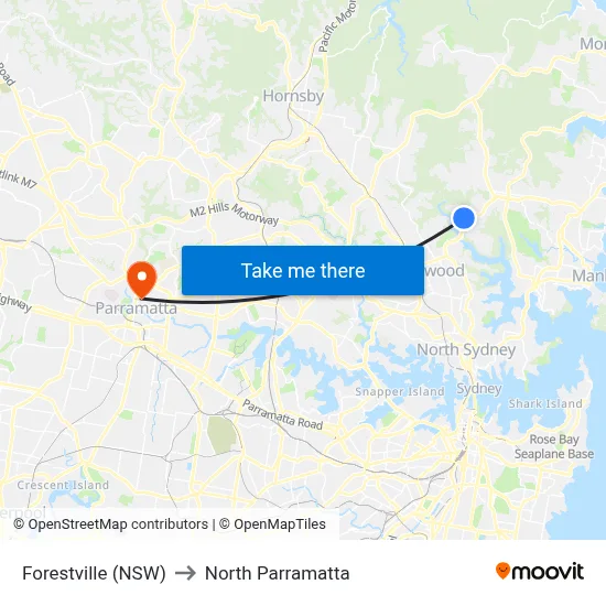 Forestville (NSW) to North Parramatta map