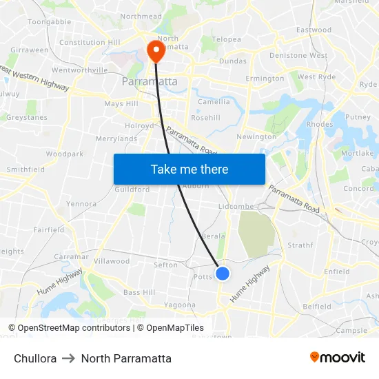 Chullora to North Parramatta map