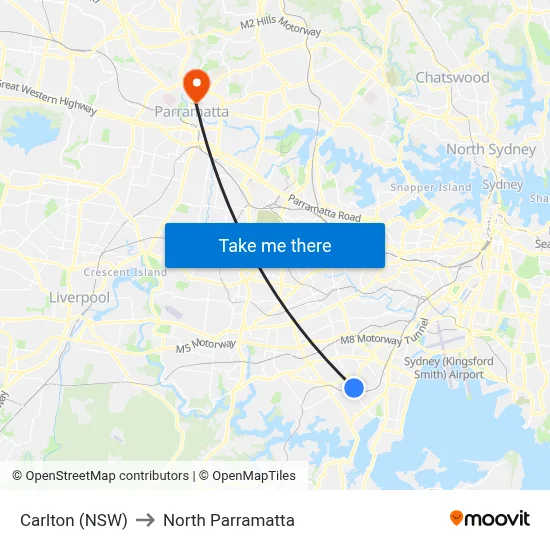 Carlton (NSW) to North Parramatta map