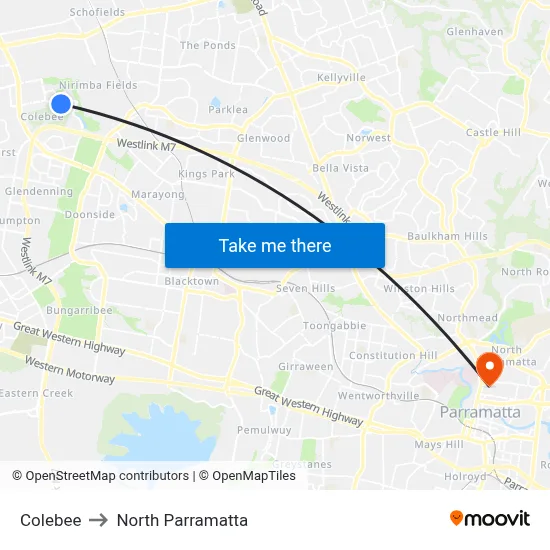 Colebee to North Parramatta map