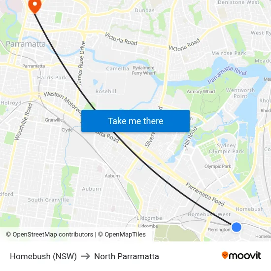Homebush (NSW) to North Parramatta map