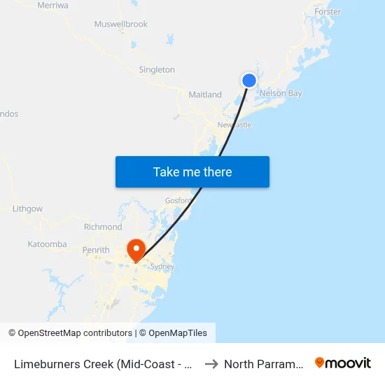Limeburners Creek (Mid-Coast - NSW) to North Parramatta map