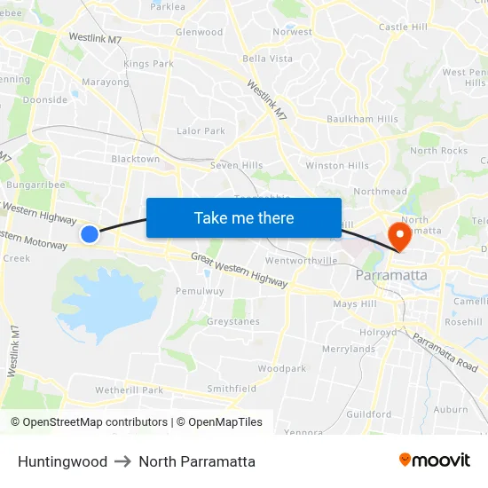 Huntingwood to North Parramatta map