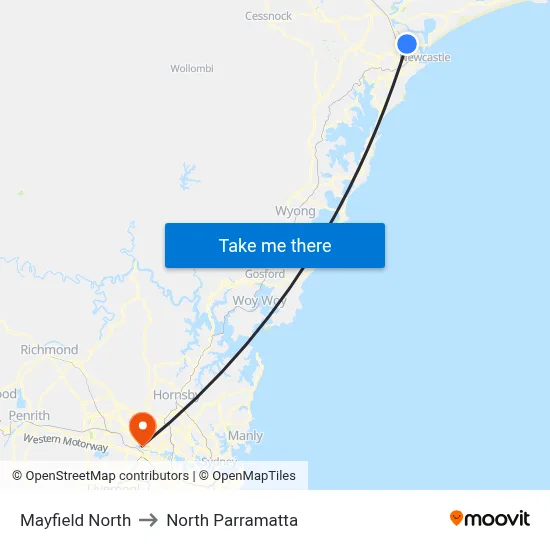 Mayfield North to North Parramatta map