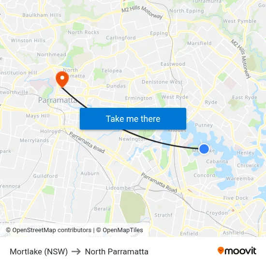 Mortlake (NSW) to North Parramatta map