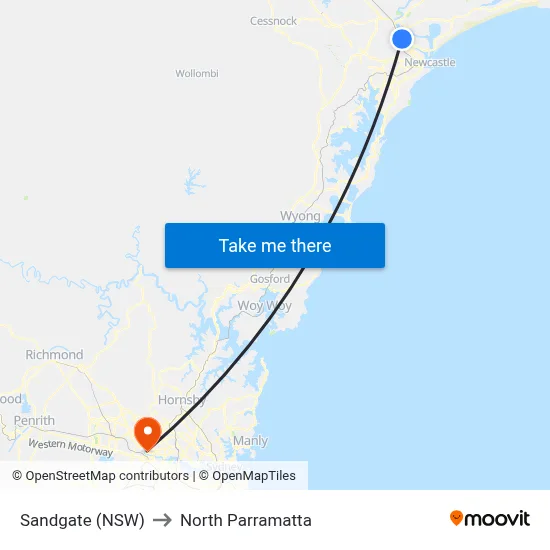 Sandgate (NSW) to North Parramatta map