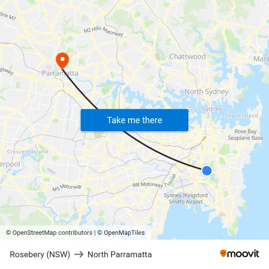 Rosebery (NSW) to North Parramatta map