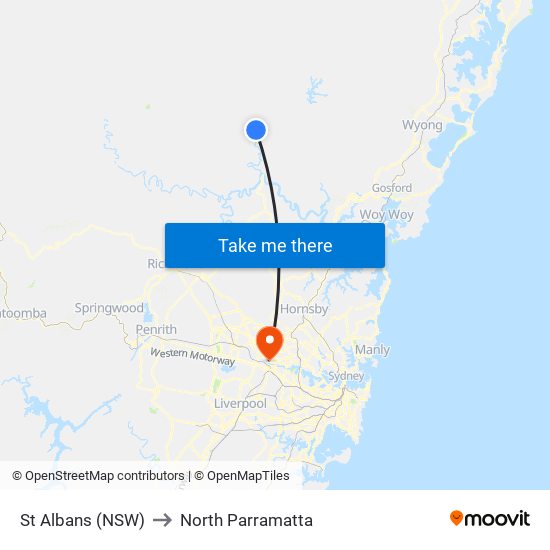 St Albans (NSW) to North Parramatta map