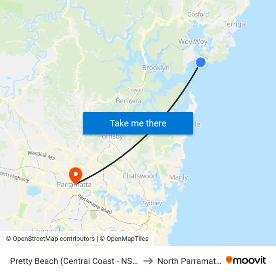 Pretty Beach (Central Coast - NSW) to North Parramatta map