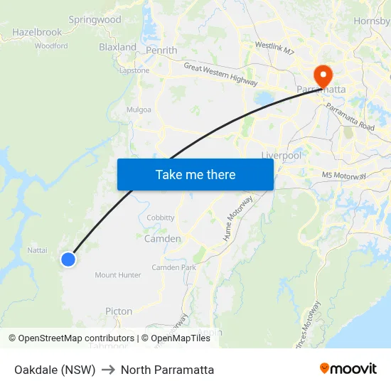 Oakdale (NSW) to North Parramatta map