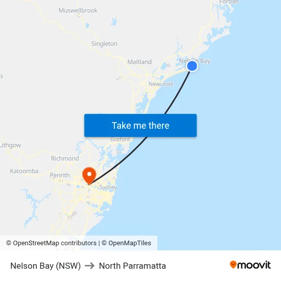 Nelson Bay (NSW) to North Parramatta map