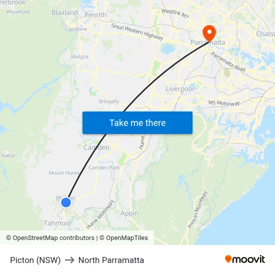 Picton (NSW) to North Parramatta map