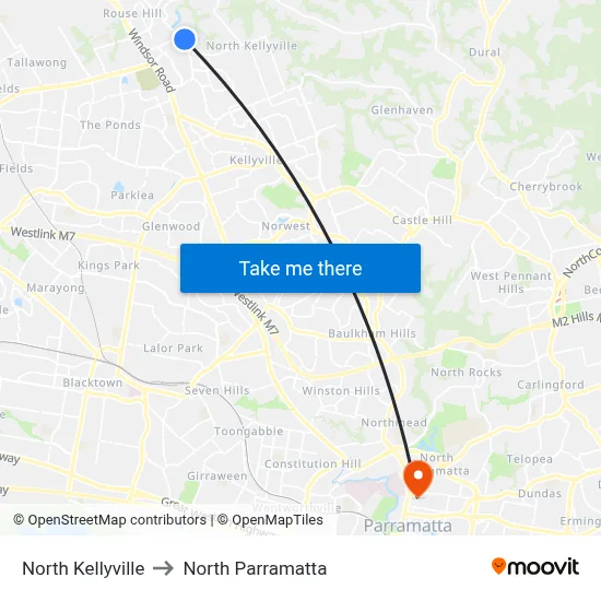 North Kellyville to North Parramatta map