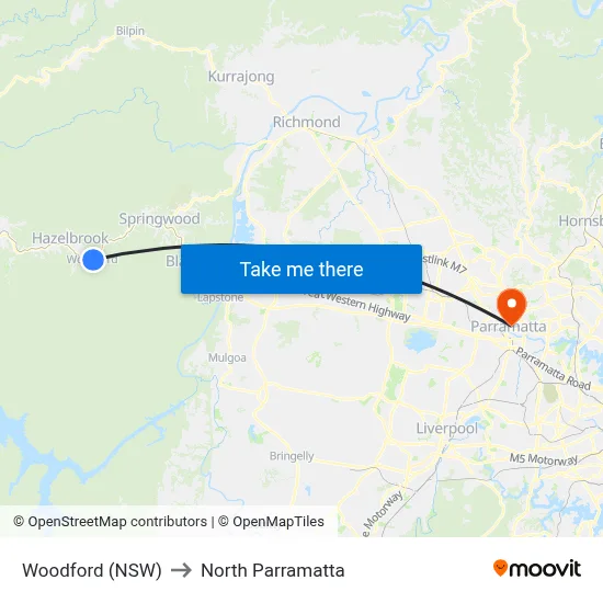 Woodford (NSW) to North Parramatta map