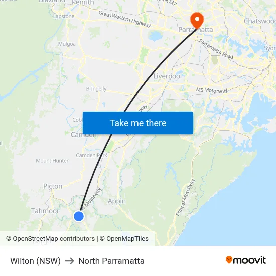 Wilton (NSW) to North Parramatta map