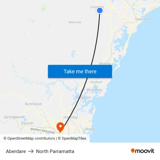 Aberdare to North Parramatta map