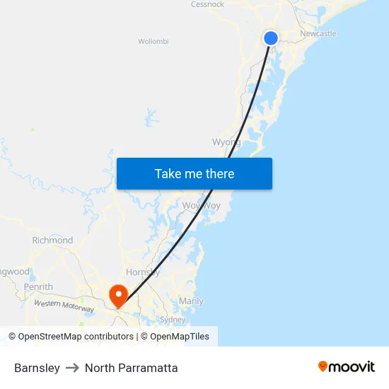 Barnsley to North Parramatta map